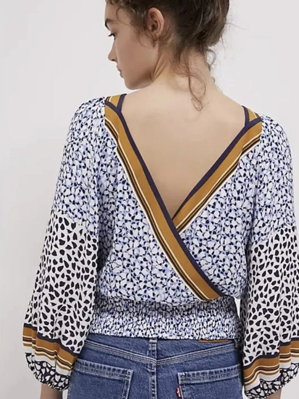 Anthropologie Blue White and Mustard Mixed-Print Puff-Sleeve Blouse
